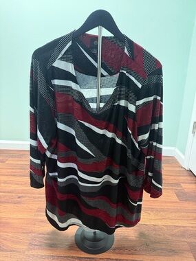 JM Collection Black, Burgundy & White Draped Neck Long Sleeve Top